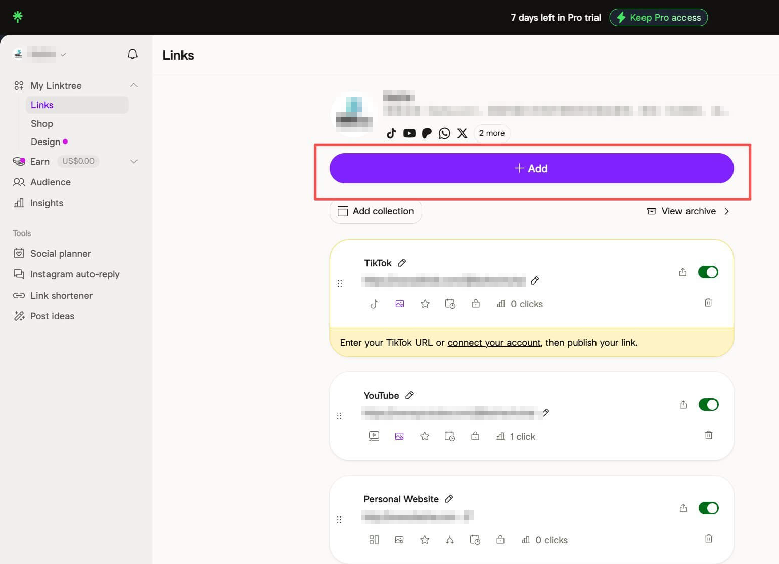 Linktree链接管理页面:每条链接单独一行,可以改标题、开关显示,右下角显示各自的点击次数