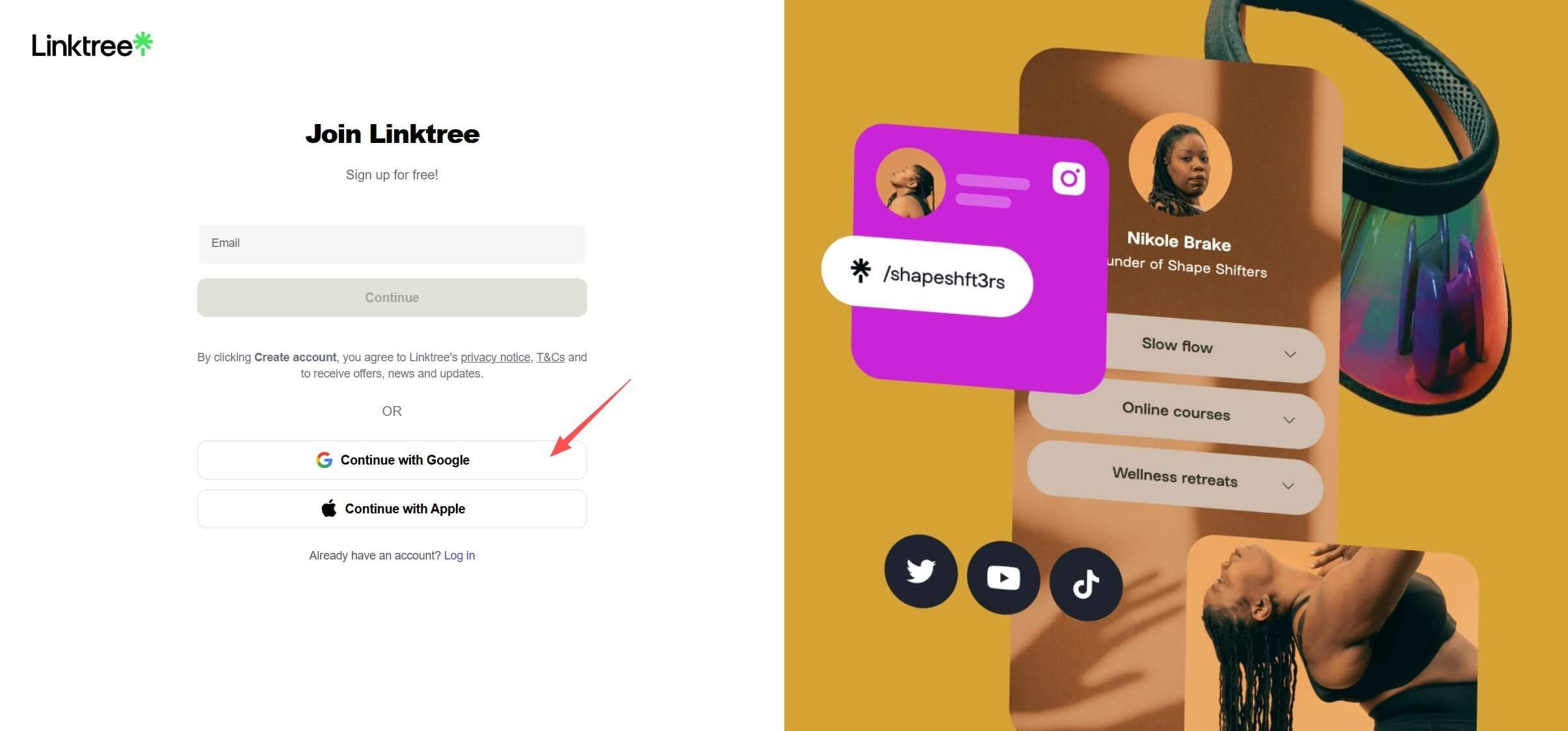 Linktree注册页面:可以用谷歌账号直接登录,也可以用邮箱注册