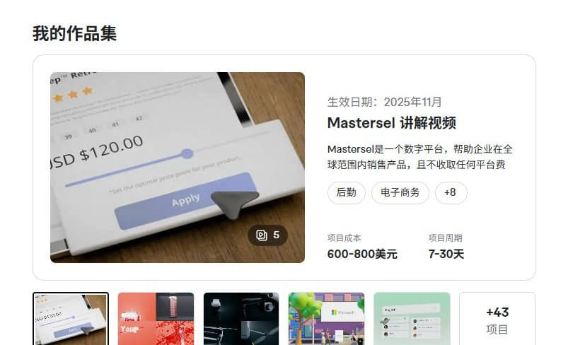 接单者的作品集页面,Mastersel讲解视频项目成本600到800美元、项目周期7到30天,账号累计43个项目