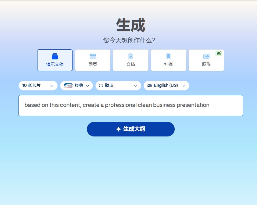 给AI演示工具输入提示词一次生成完整PPT大纲和页面