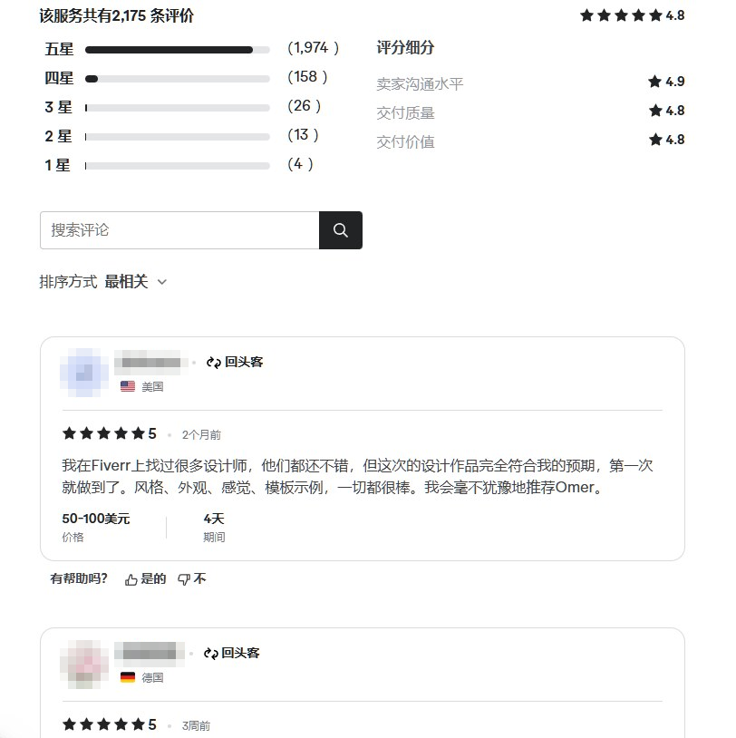 PPT设计服务的客户评价区，1175条评论4.9分