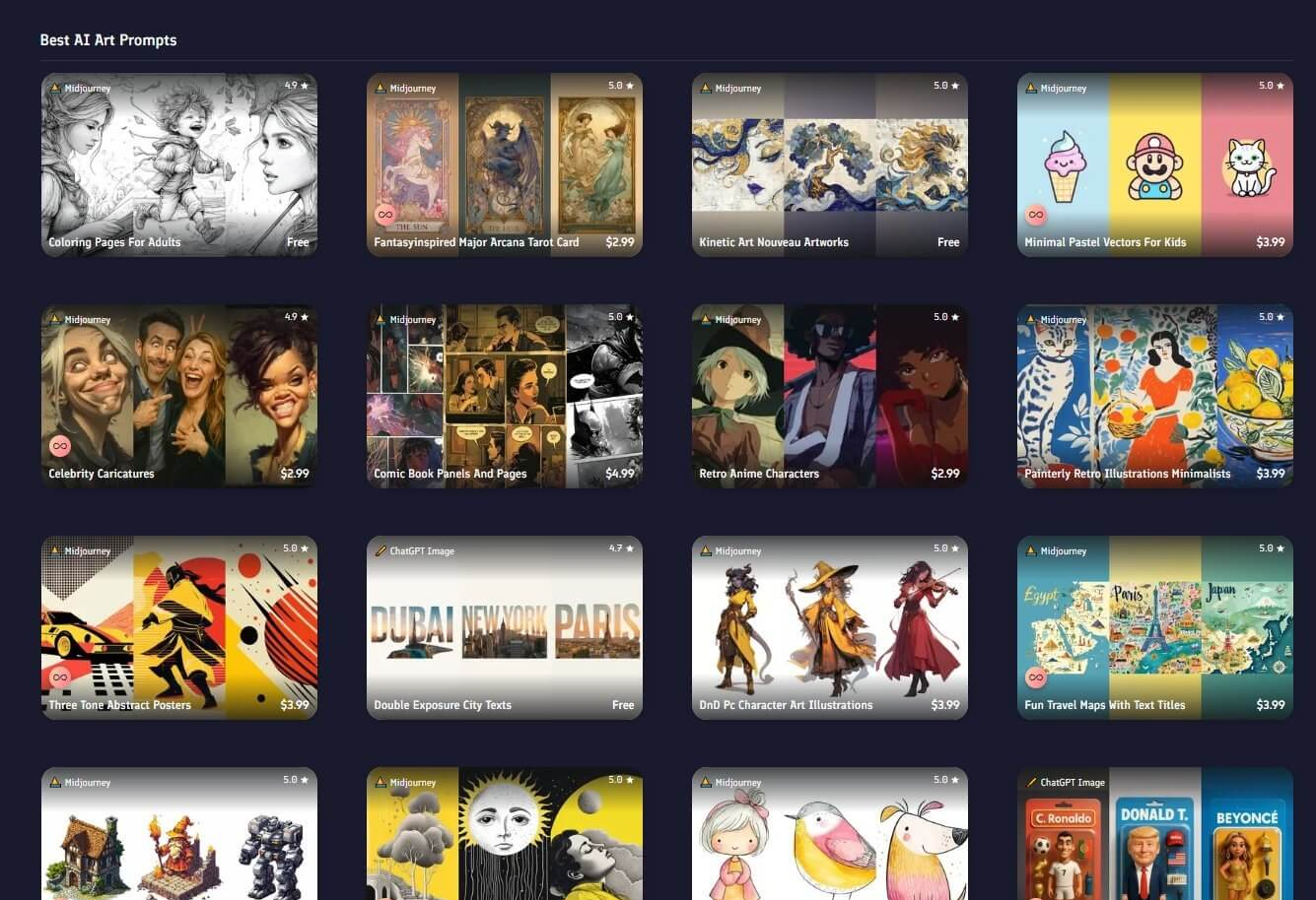 PromptBase平台上的Midjourney AI绘画提示词热销列表，一条提示词售价几美元，配图展示生成效果