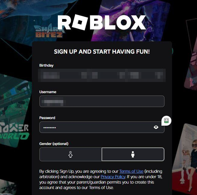 Roblox注册页面,需要填写生日、用户名和密码