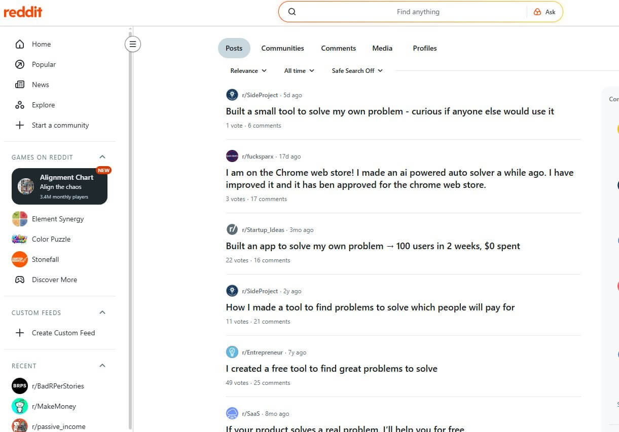 Reddit搜索结果页,多条帖子标题都是我做了个小工具解决自己的问题,其中一条写着做了个应用解决自己的问题两周拿到100个用户零成本