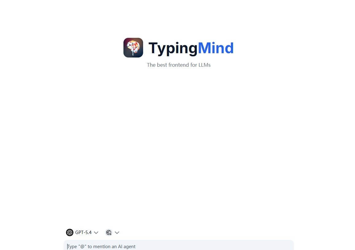 TypingMind产品界面,标语是给大模型做的最好用的前端界面,页面极简只有一个模型选择器和输入框