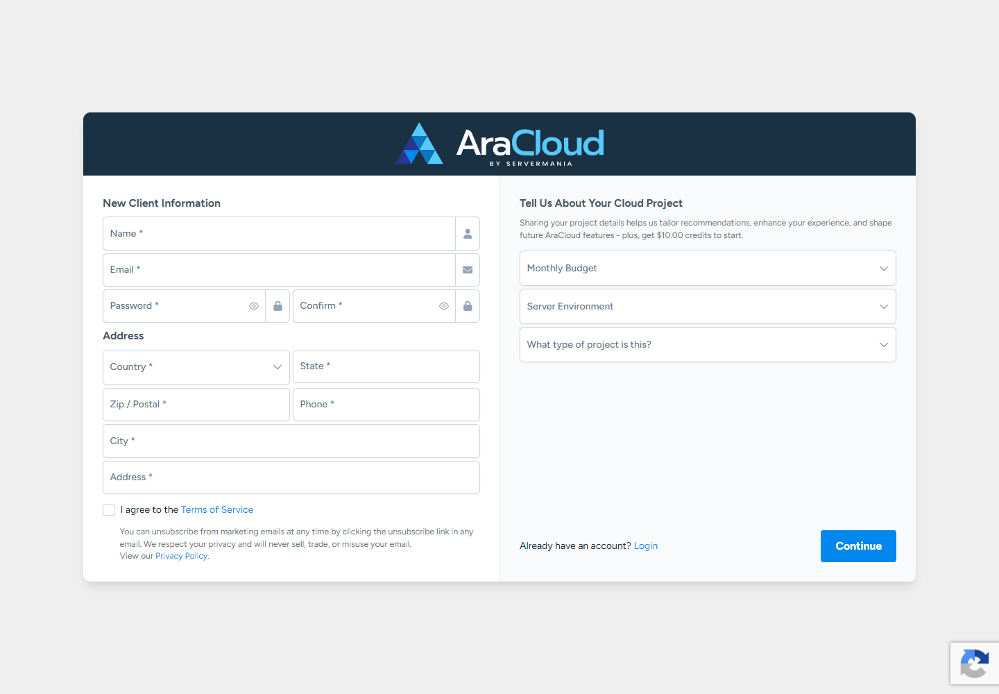 ServerMania AraCloud 注册页,注册后进控制台配置机器