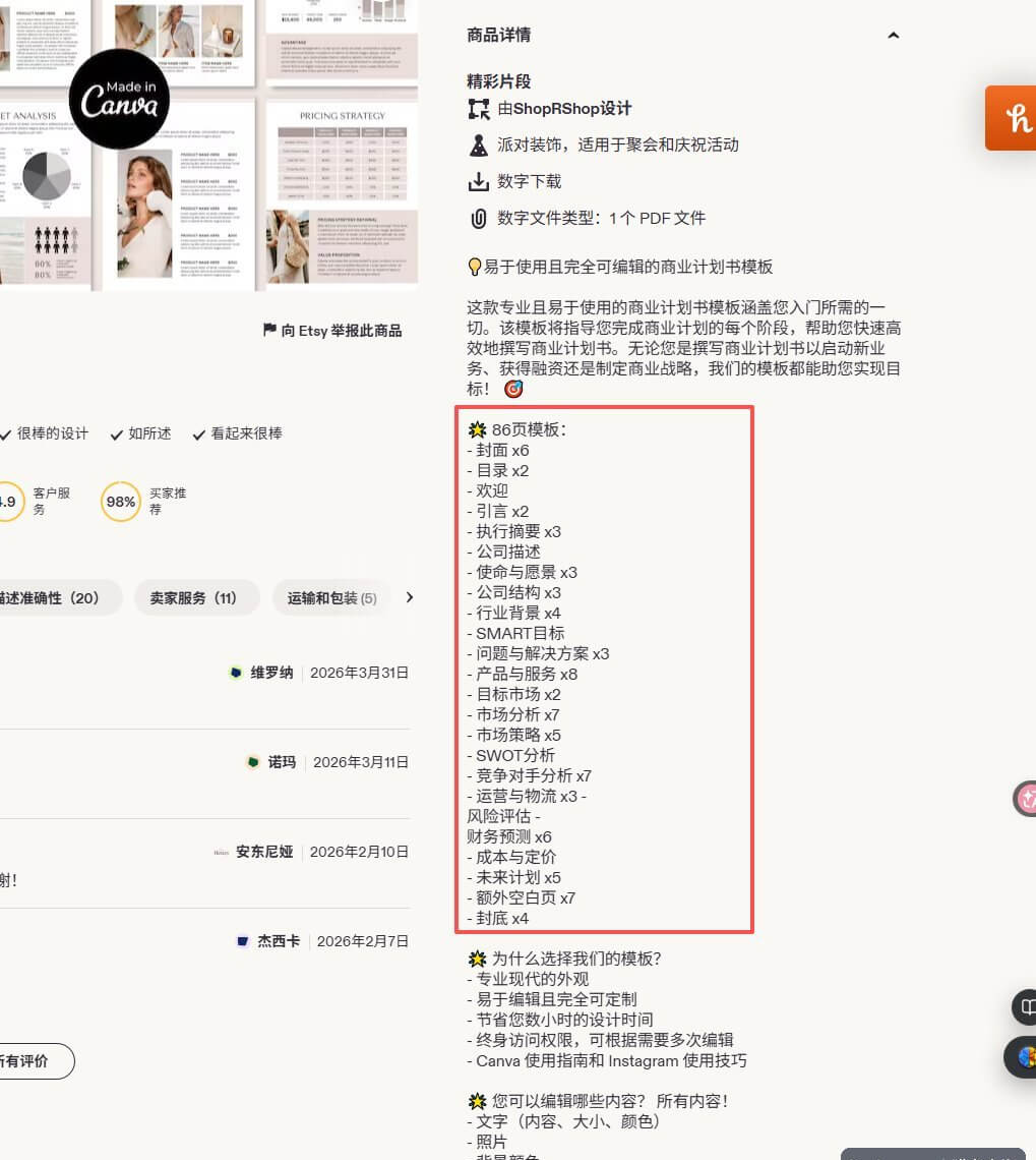 商业计划书模板的商品详情说明，写清楚哪些内容可以修改