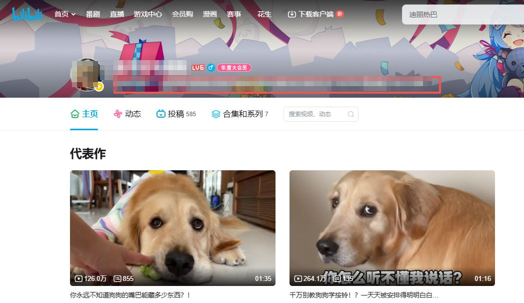 B站宠物区UP主主页,投稿585条,代表作播放量126万和264万,主页简介里留有商务合作信息