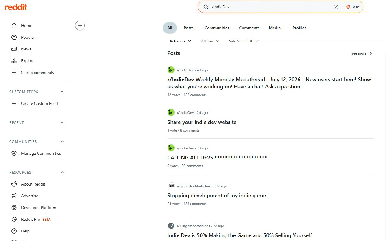 Reddit上r/IndieDev独立游戏开发者社区的帖子列表,包含每周自我介绍长帖和网站分享帖,是找精准客户的入口