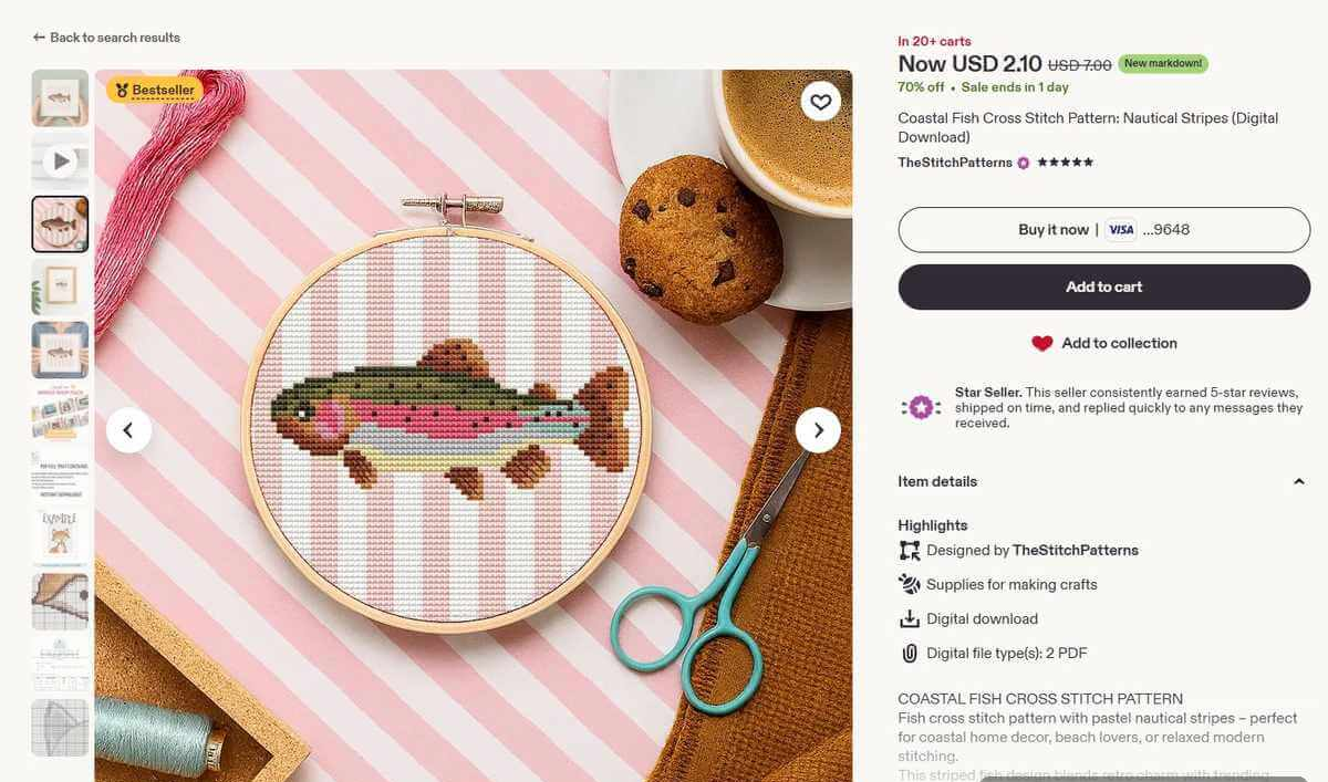 Etsy上一个十字绣商品的详情页,主图、价格和数字下载说明都在