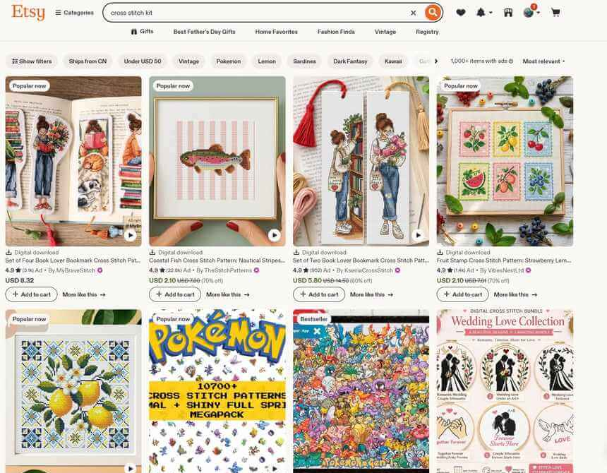 在Etsy搜索cross stitch kit的结果页,十字绣套件和图纸铺满一整页