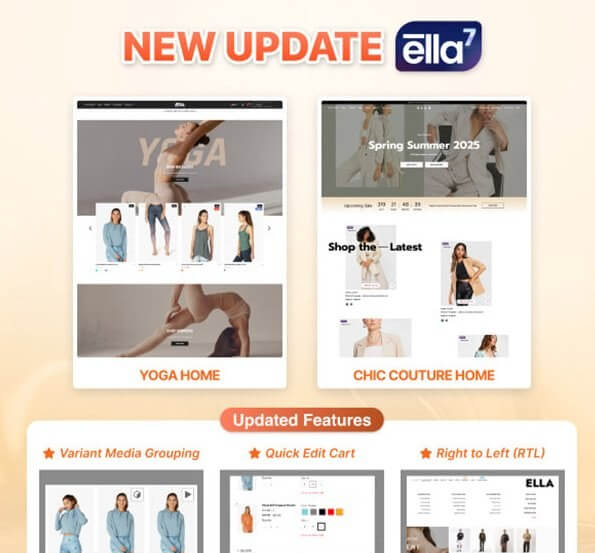 Ella主题第七代更新宣传图,展示瑜伽店和时装店两套首页样式,新增变体图片分组、快速编辑购物车、从右到左阅读模式三项功能