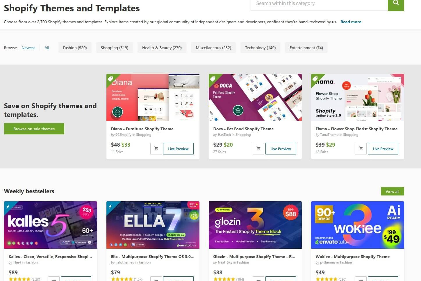 ThemeForest的Shopify主题分类页,共2700多套主题,畅销榜Kalles标价89美元有2200条评价、Ella标价79美元有1600条评价、Wokiee标价49美元有530条评价