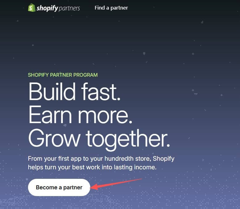 Shopify Partners合作伙伴计划落地页,页面上有Become a partner注册按钮