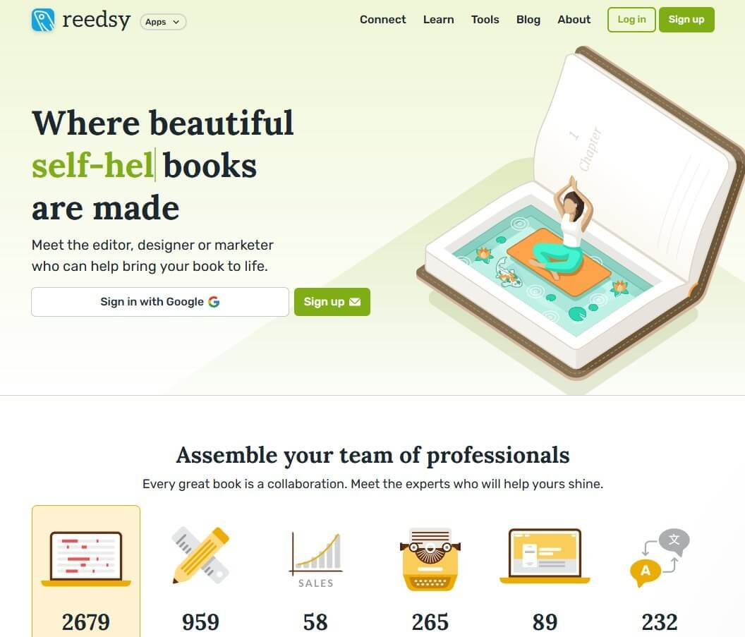 Reedsy平台首页,显示平台上有2679名编辑、959名设计师、58名营销人员在接自助出版作者的单