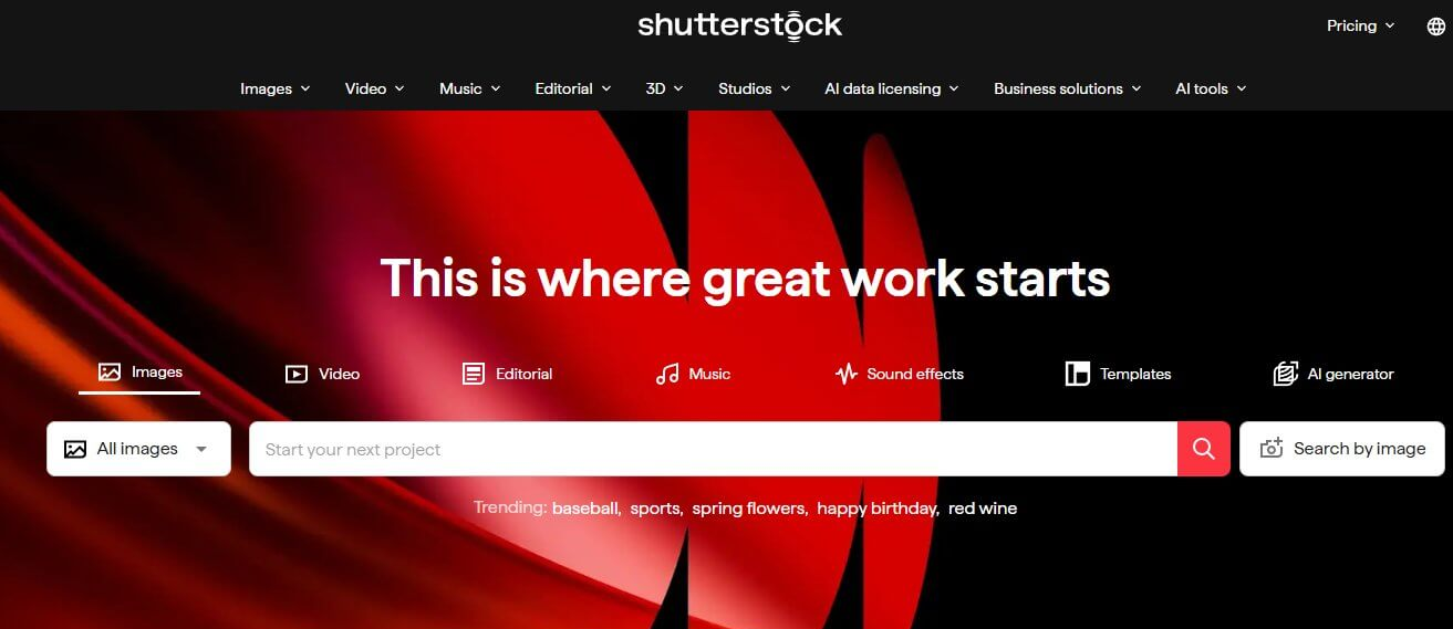 Shutterstock官网首页,全球最大的图片和视频素材平台,顶部是素材搜索框