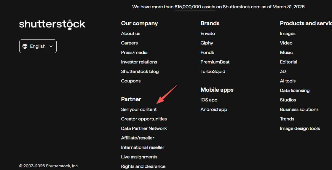 Shutterstock官网页脚的Partner栏目,Sell your content就是投稿者入口