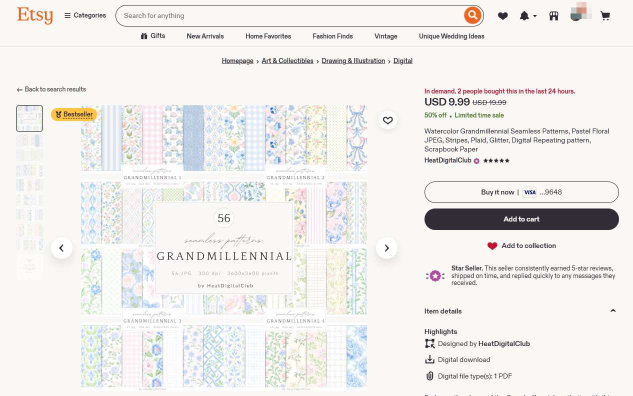 Etsy上一款标着Bestseller的数字纹样纸包,56张无缝拼贴纸卖9.99美金,24小时内有2人购买