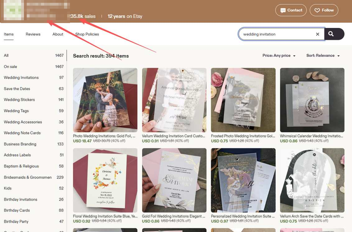 Etsy上一家婚礼纸品店铺,开店12年累计23.58万单,在售1467件,店内搜wedding invitation出394件