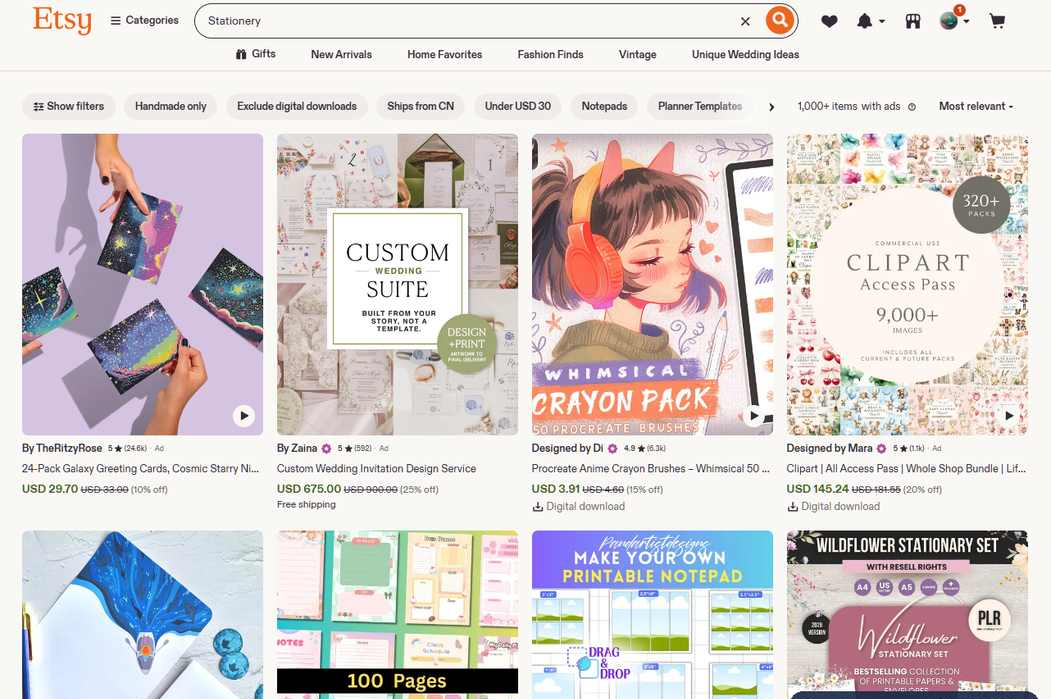 在Etsy搜Stationery文具的搜索结果页,一千多件数字信纸和纸品商品,多数是可下载文件