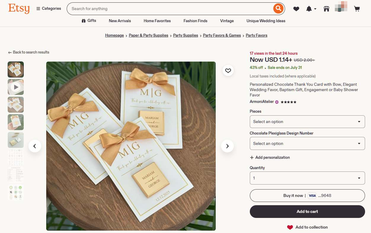 Etsy上一款个性化巧克力感谢卡,1.14美金起,标着Star Seller,24小时内有17人浏览