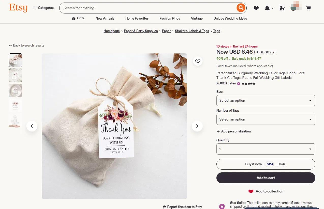 Etsy上一款勃艮第酒红色婚礼伴手礼标签,6.46美金起,挂在婚礼小礼袋上的花卉Thank You标签