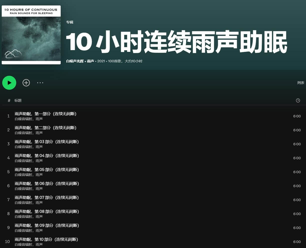 Spotify上一档长时长助眠播客节目的页面，封面简介和剧集列表