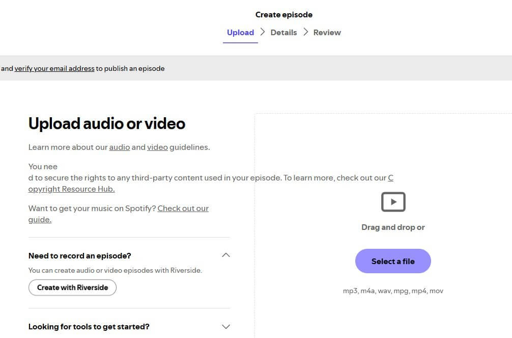 在Spotify后台上传播客音频或视频文件的界面