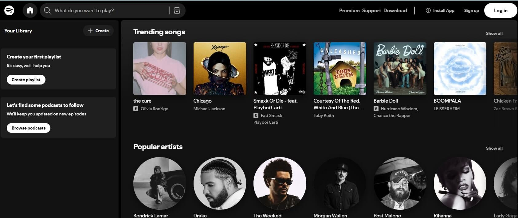 Spotify网页版首页，音乐和播客节目都在同一个入口里