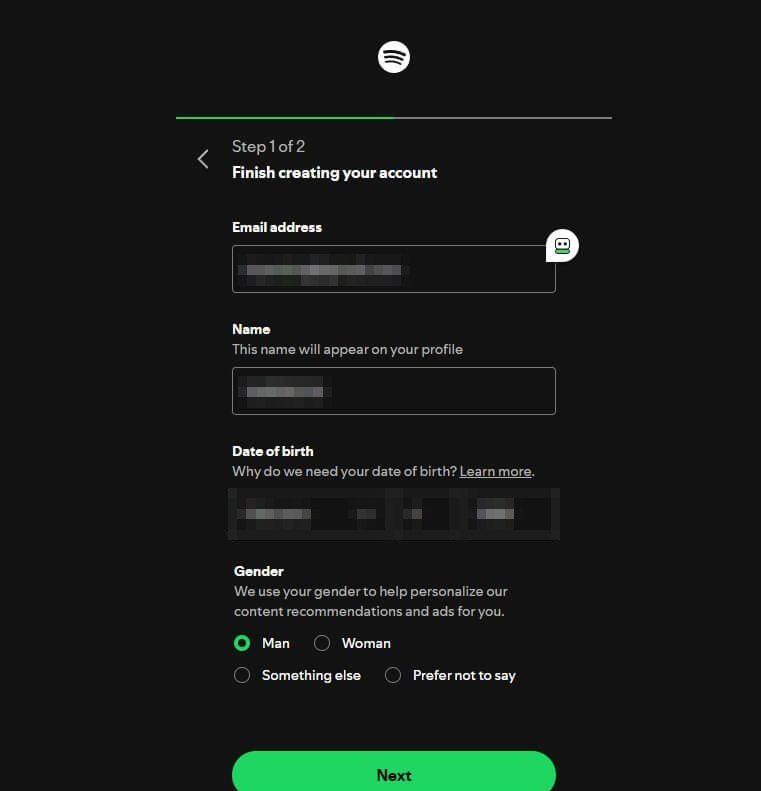 Spotify注册流程中填写名字和出生日期的页面