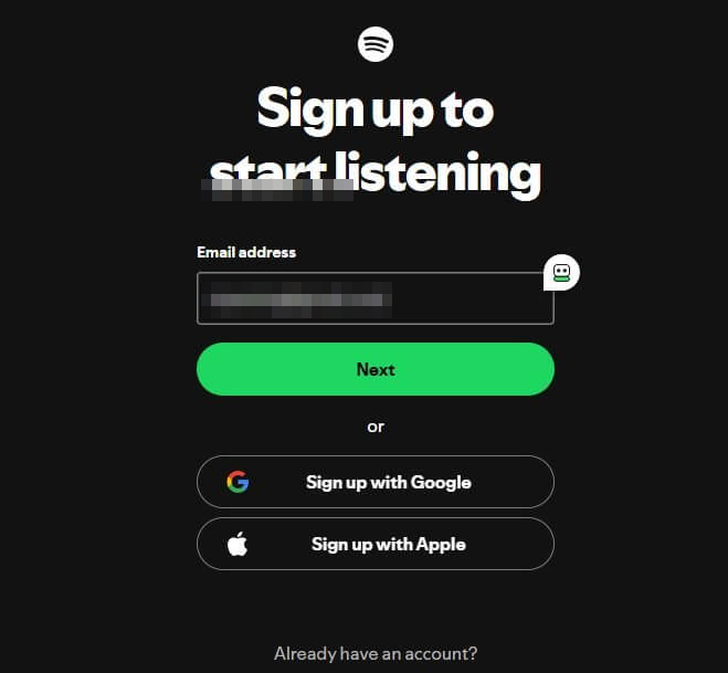 注册Spotify账号的第一屏，填写邮箱地址
