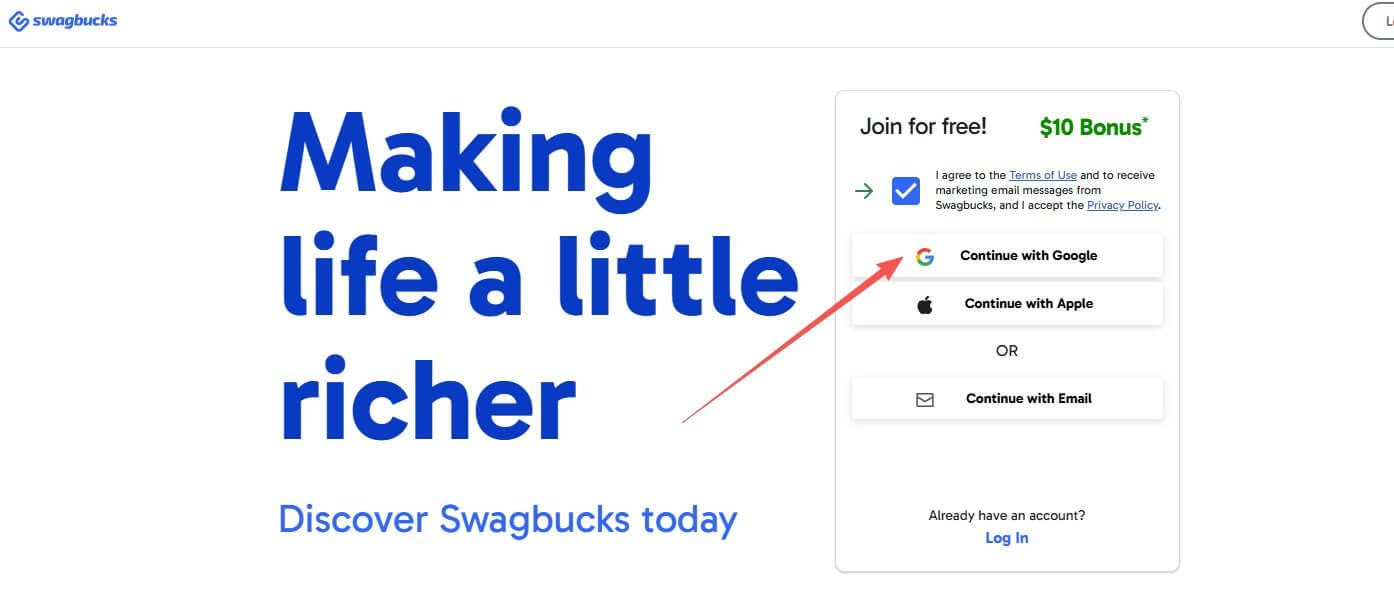 Swagbucks官网首页注册框,右上角标着Join for free和10美元新人奖励,三种注册方式分别是Google账号、Apple账号和邮箱,箭头指向Google一键登录按钮
