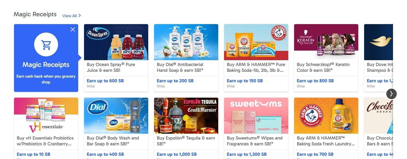 Swagbucks小票返利页面Magic Receipts,Ocean Spray果汁最高返600 SB,Dial洗手液200 SB,Arm & Hammer小苏打150 SB,Sweetums湿巾1300 SB,Espolon龙舌兰1000 SB