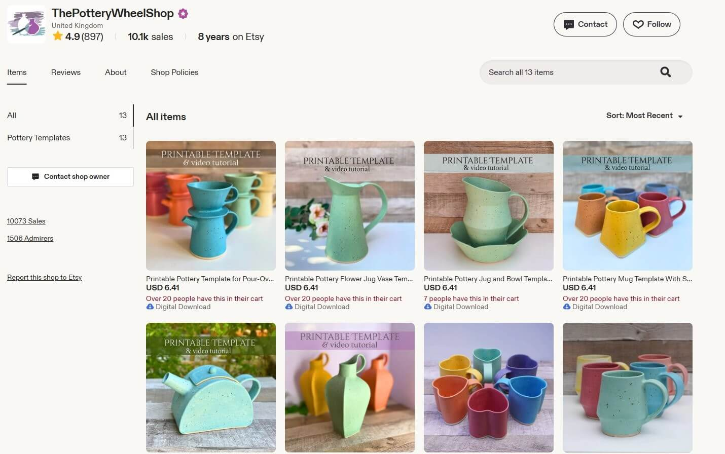 陶艺独立站在Etsy开的店铺,卖可打印的陶艺模板
