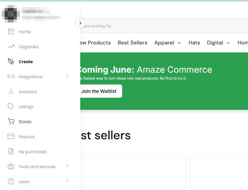 Teespring后台左侧菜单栏,包含Create、Listings、Stores、Payouts、Analytics等功能入口