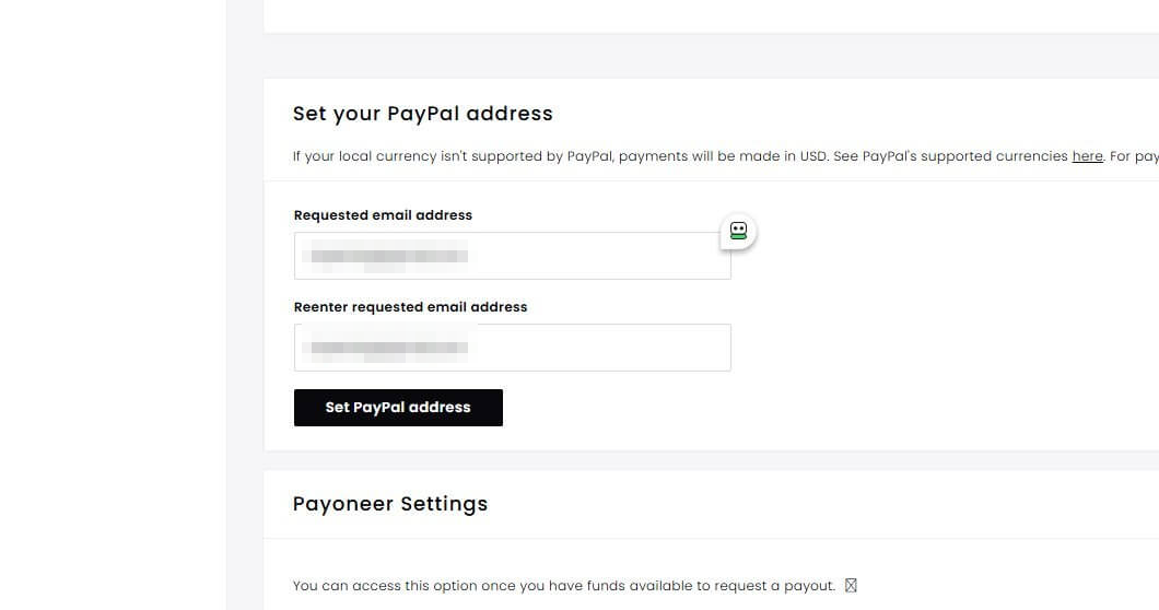 Teespring收款设置页面,填写PayPal收款邮箱需要输入两遍,下方还有Payoneer设置区块