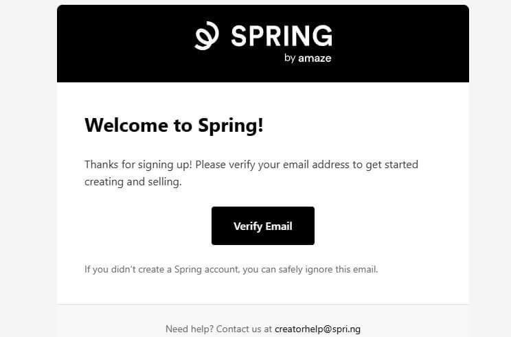 Teespring发来的欢迎邮件,正文中间是Verify Email验证按钮,点击后账号才算激活