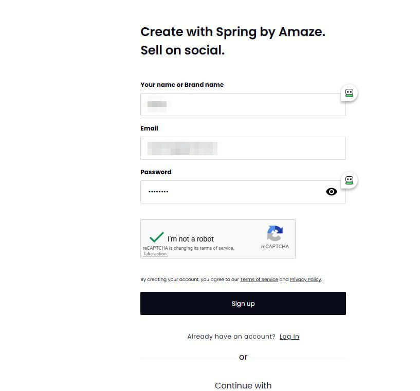 Teespring注册表单页面,需要填写店铺名称、邮箱和密码,下方有Google账号登录选项