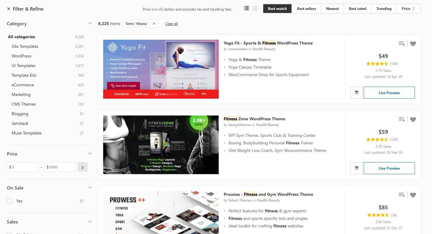 ThemeForest上健身类主题的列表页,显示各款主题的价格和销量