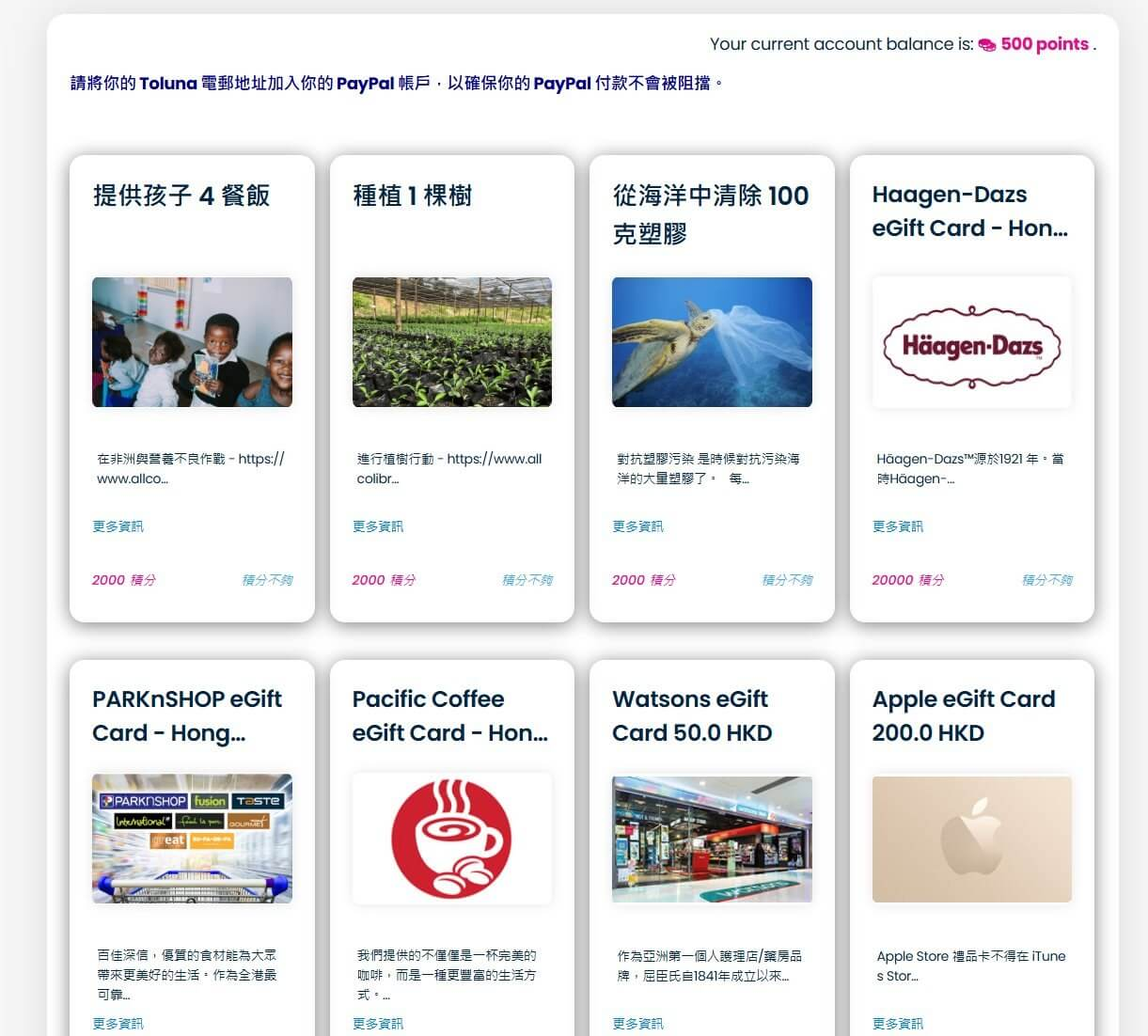Toluna的奖赏中心页面,积分可以兑换礼品卡或者提现到PayPal