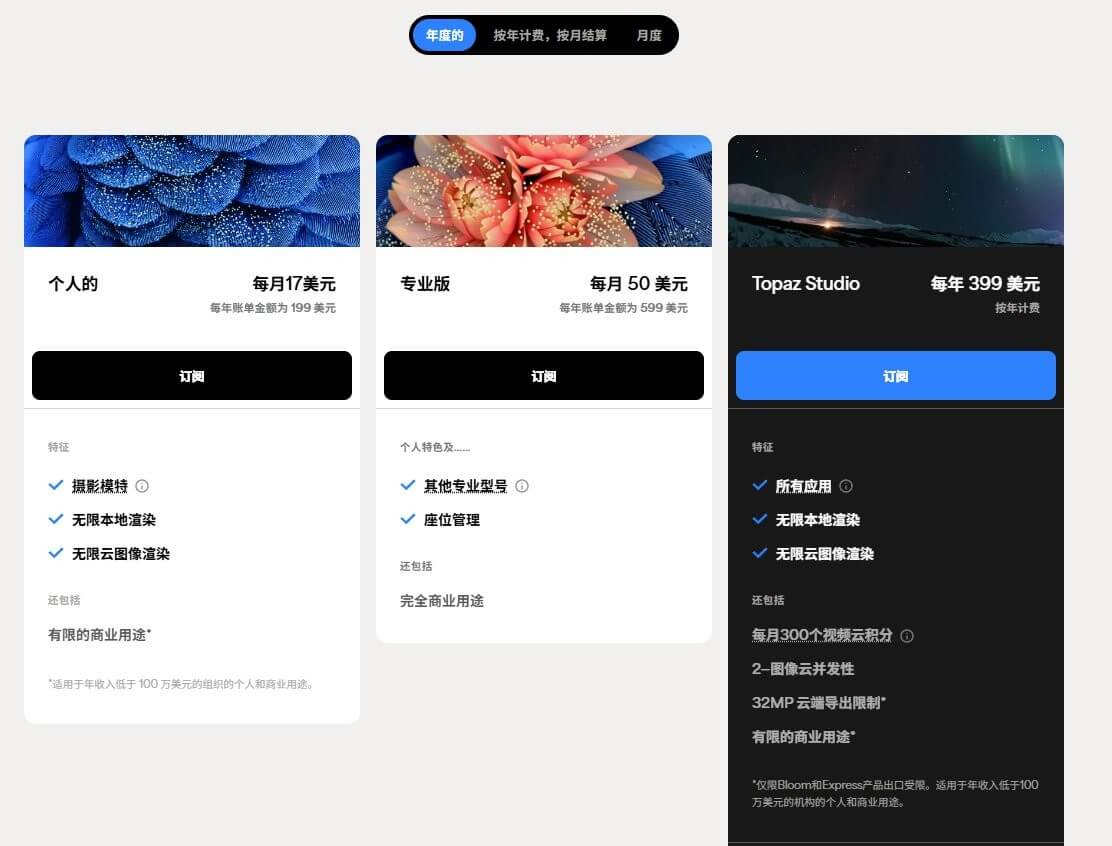 Topaz Photo AI官网2026年订阅价格页面截图,个人版每月17美元年付199美元、专业版每月50美元年付599美元、Topaz Studio每年399美元,个人版标注适用于年收入低于100万美元的个人和商业用途