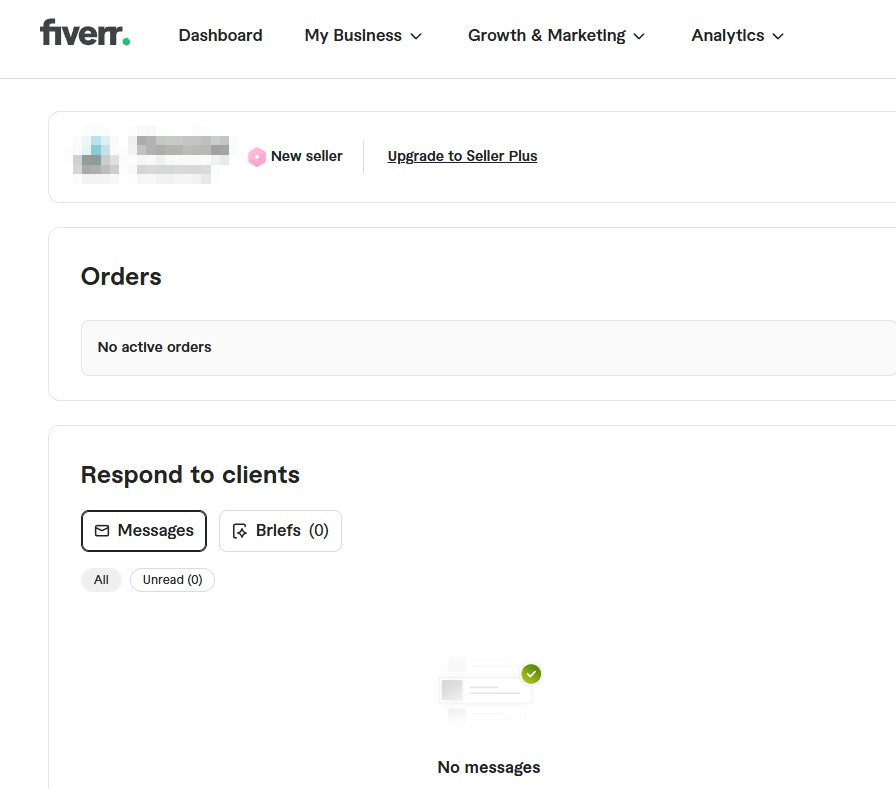Fiverr卖家后台Dashboard页面截图,账号旁边带着New seller新卖家标记,订单区显示No active orders暂无进行中的订单,下方是买家消息和Briefs需求单两个标签