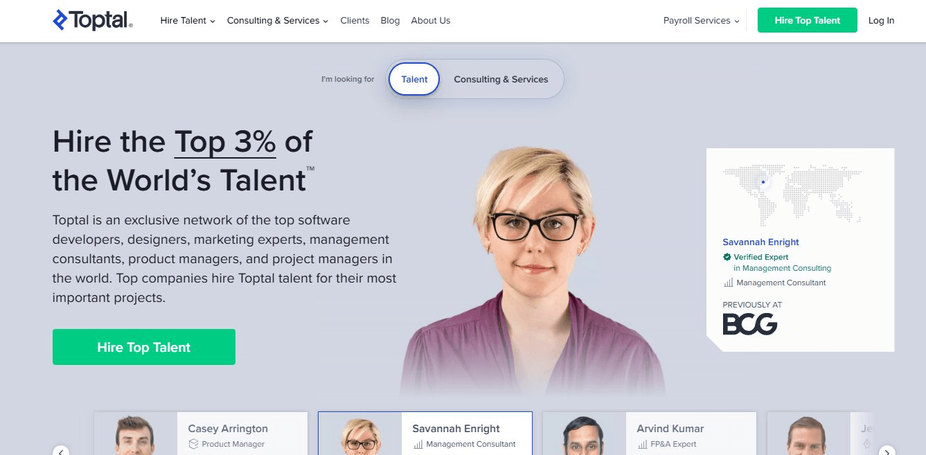 Toptal官网首页截图,大标题写着Hire the Top 3% of the World's Talent,右侧是管理咨询方向认证专家Savannah Enright的卡片,标注曾任职BCG,底部轮播是产品经理、管理咨询顾问、财务分析专家三位专家