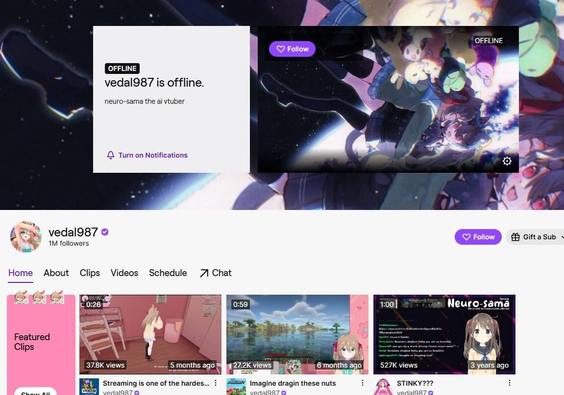 Twitch上AI虚拟主播Neuro-sama的频道页面截图,账号名vedal987,显示100万粉丝,下方精选片段播放量分别为3.78万、2.72万和52.7万次