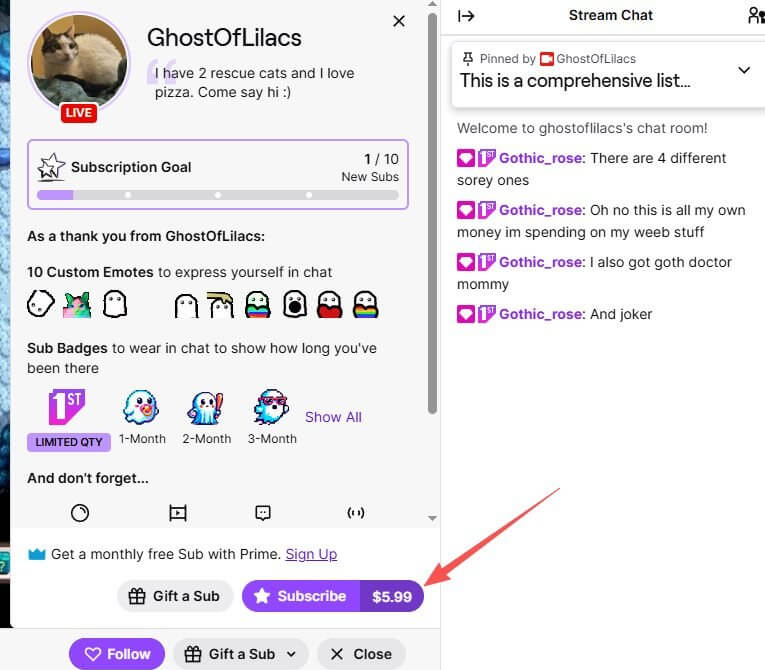 Twitch主播GhostOfLilacs的订阅弹窗截图,订阅按钮标价5.99美元每月,页面顶部显示Subscription Goal订阅目标1/10,下方列出10个专属聊天表情和1个月2个月3个月的订阅徽章