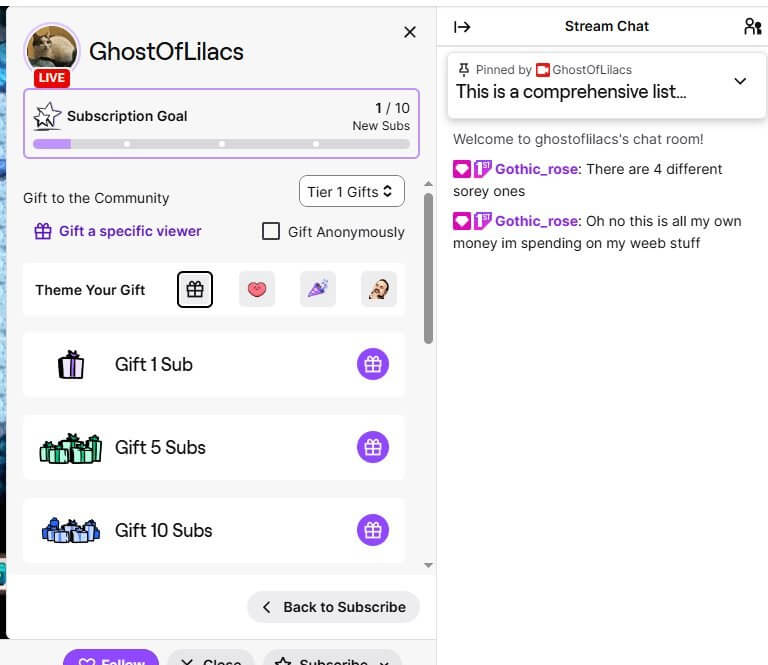 Twitch赠订界面截图,Gift to the Community板块列出Gift 1 Sub、Gift 5 Subs、Gift 10 Subs三个赠送按钮,顶部是1/10的订阅目标进度条
