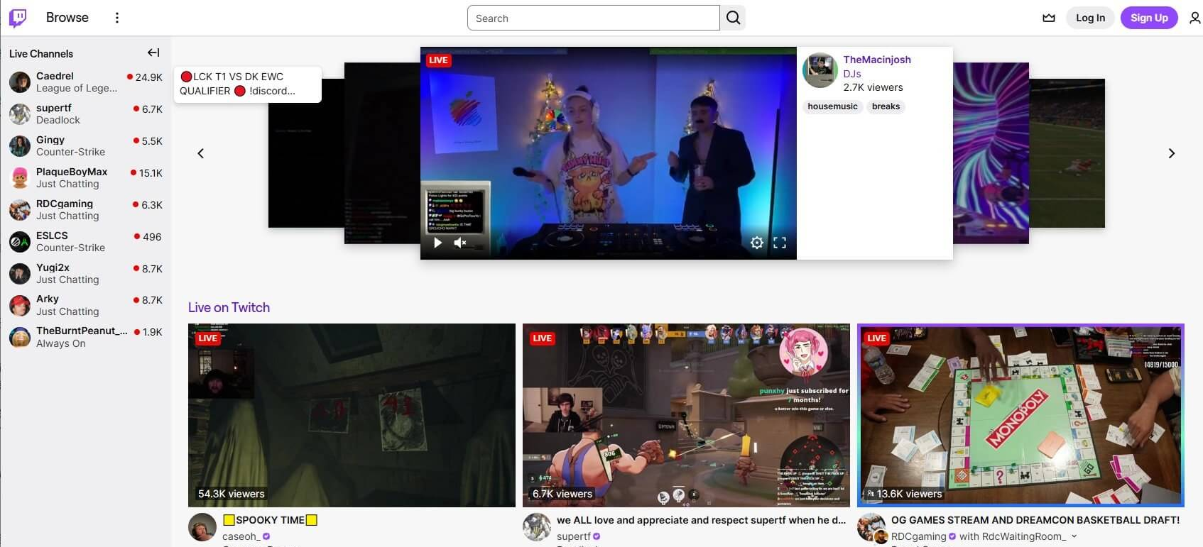 Twitch首页在线频道列表截图,左侧显示Caedrel英雄联盟2.4万人在线、PlaqueBoyMax聊天区1.5万人,下方Live on Twitch展示caseoh_5.4万观众和RDCgaming大富翁桌游直播1.36万观众