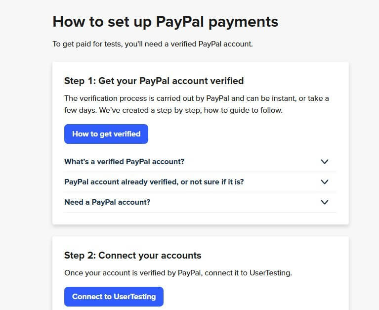 UserTesting绑定PayPal的说明页,要求先完成PayPal账户验证才能接收测试报酬