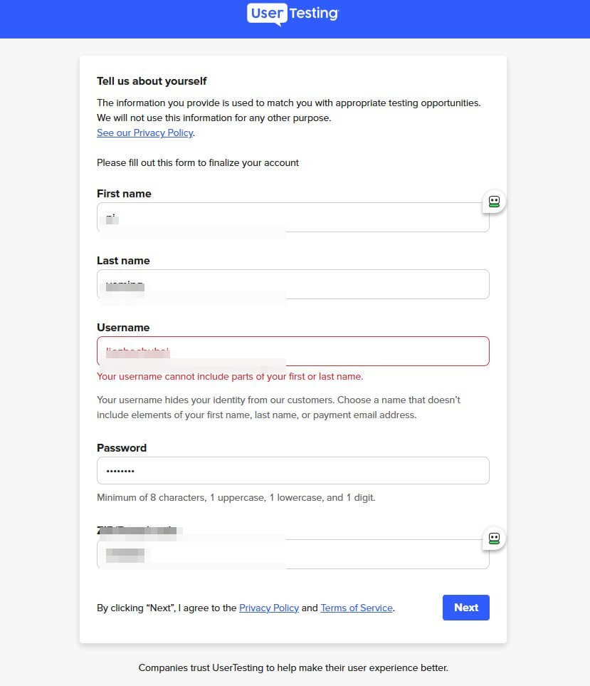 UserTesting测试员注册表单,需要填写姓名、用户名、密码和邮政编码四项信息