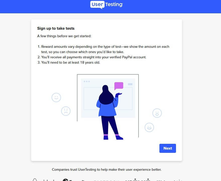 UserTesting注册前的三条说明:报酬随测试类型不同、款项直接付到已验证的PayPal账户、需年满18岁